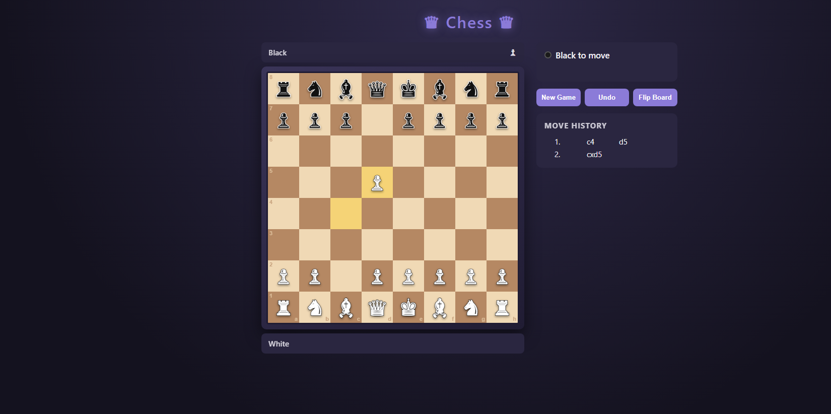 Chess game web app with board, move history, and turn indicator