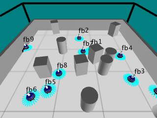ARGoS simulation showing foot-bot robots navigating around obstacles