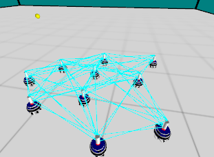 ARGoS simulation showing a robot swarm with cyan communication links demonstrating flocking behavior