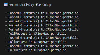 GitHub User Activity CLI showing recent activity for user CR3op in the terminal